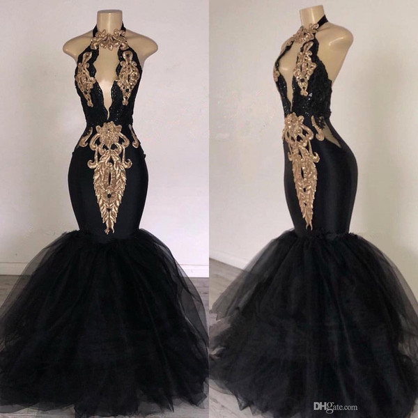 Sexy Black Halter Tulle Mermaid Long Prom Dresses Keyhole Lace Applique Beaded Floor Length Evening Party Dresses Plus Size BC0752