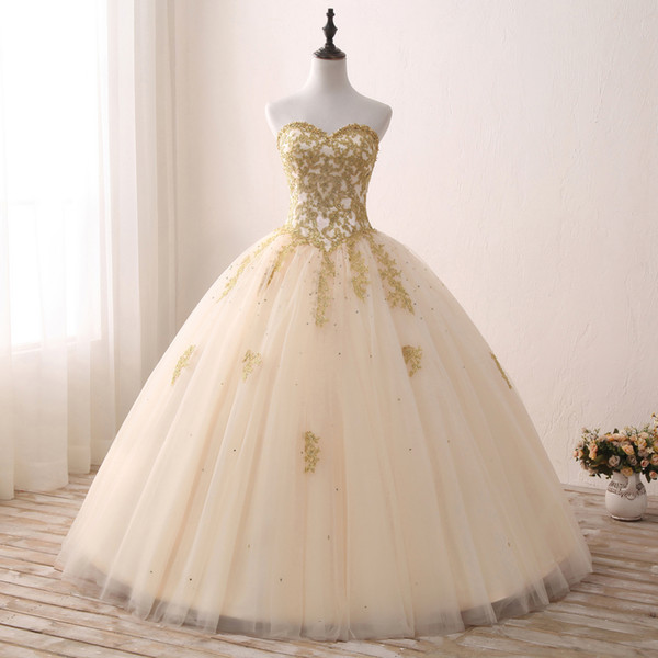 Cheap Real Images Gold Appliqued Ball Gown Quinceanera Dresses Sweetheart Tulle Floor Length Sweet 16 Dresses Party Dress QQ13