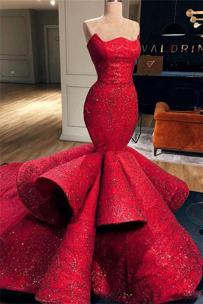 Romantic Red Mermaid Sweetheart Satin Formal Evening Dresses Lace Sequins Long Prom Dresses Pageant Gowns New