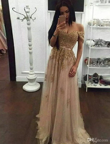 Champagne Lace Beaded Arabic Evening Dresses Sweetheart A-line Tulle Off the Shoulder Prom Dresses Vintage Cheap Formal Party Gowns Designer