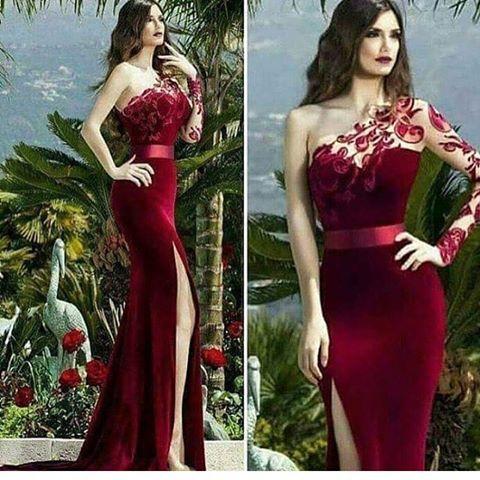 Burgundy Velvet 2017 Arabic Evening Dresses One Shoulder Lace Long Sleeve Prom Dresses High Split Formal Party Gowns