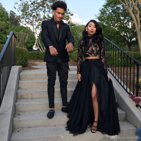 New Black Long Sleeve Prom Dresses Formal Evening Party Pageant Gowns African Two Pieces Dress High Neck Plus Size Custom Made