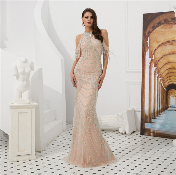 Unique Luxury Prom Dresses Hanging Neck Evening Dresses Perspective Back Shoulder Strap Fringe Beads Crystal Zipper Award Ceremony Dresses