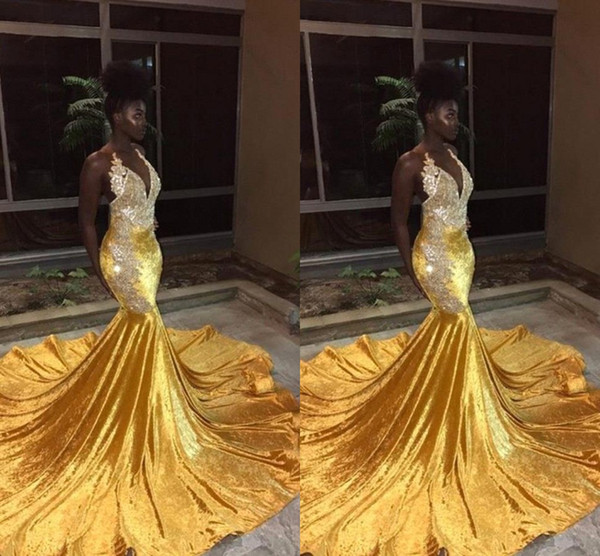 Plus Size Yellow Velvet Long Mermaid Prom Dresses For Black Girl Halter Lace Appliques Evening Gowns Backless Sweep Train Wear Cheap