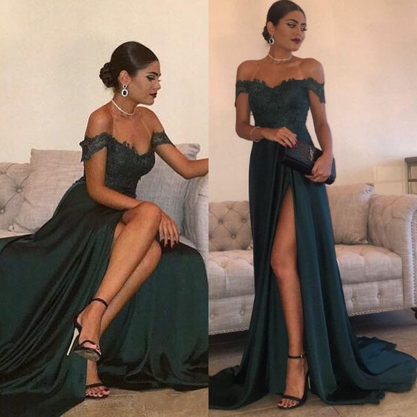 Evening Gowns A-Line Hunter Green High Split Cutout Side Slit Lace Top Sexy Off Shoulder Hot Formal Party Dress Prom Dresses