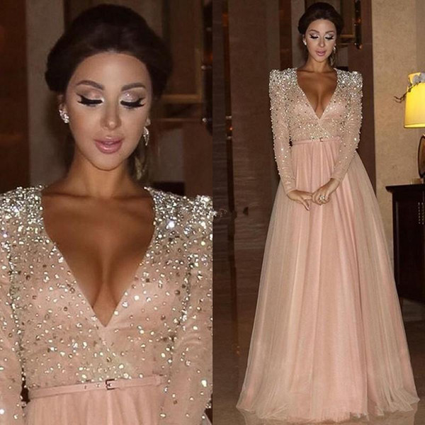 2017 New Myriam Fares Formal Evening Dresses Long Sleeves Deep V Neck Crystal Blush Pink Arabic Red Carpet Prom Party Pageant Gowns Vestidos