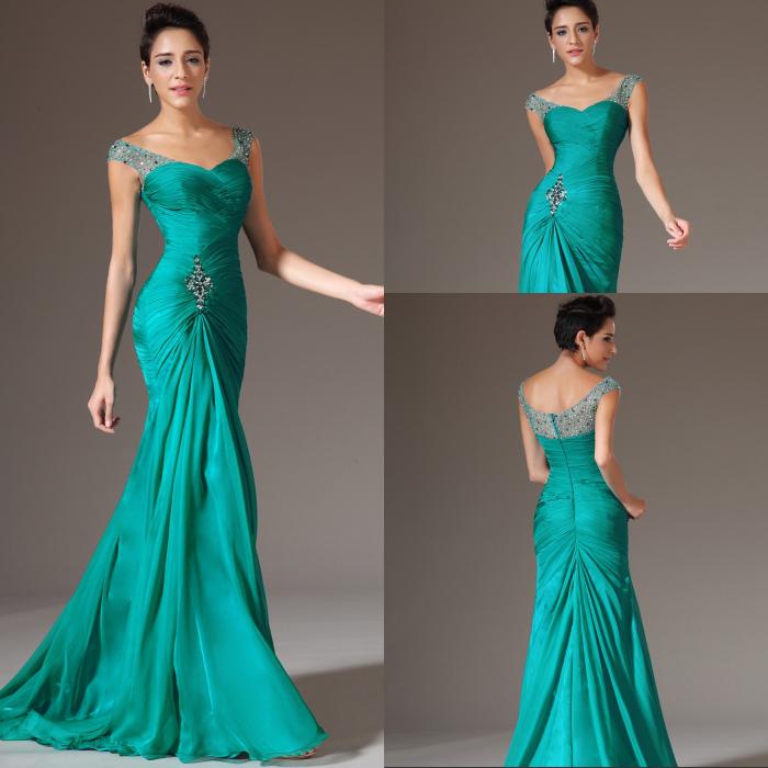 Best Selling Mermaid V-neck Floor Length Turquoise Chiffon Cap Sleeve Prom Dresses Beaded Pleats Discount Prom Gowns Formal Evening Dresses