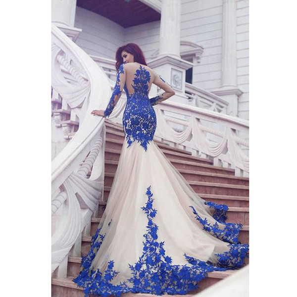 New Arrival Long Sleeve Royal Blue Lace Evening Dresses Mermaid Tulle Prom Gowns Newest