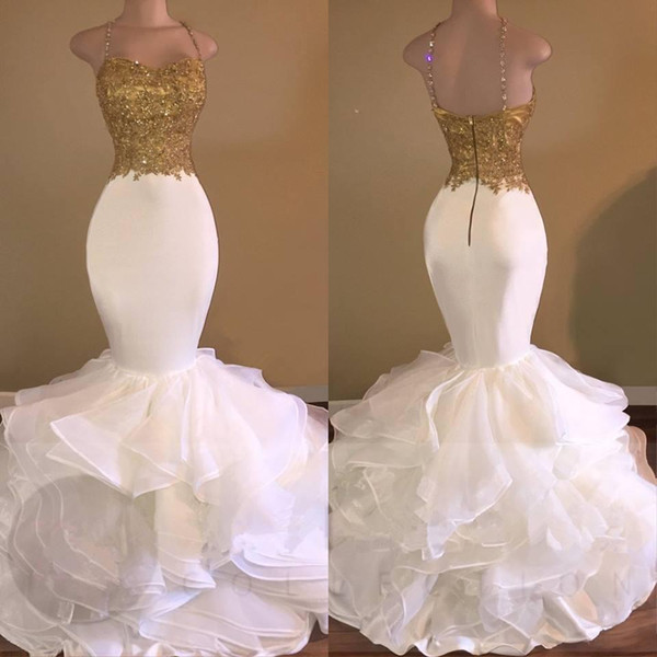 Unique Mermaid Gold And White Prom Dresses Long 2017 Applique Ruffles Backless Evening Party Gowns Robe De Soiree