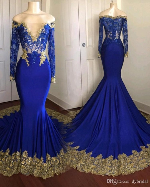 sexy cheap royal blue prom dress plus size dresses gold appliques vestidos de fiesta long sleeve prom dresses