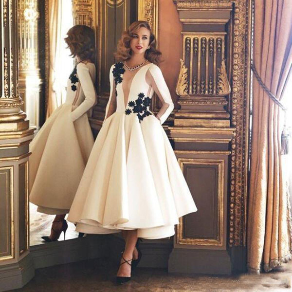 Exquisite Ivory/White A Line Evening Dresses Jewel Neck Long Sleeves Black Flower Tea Length Formal Gowns Homecoming Party