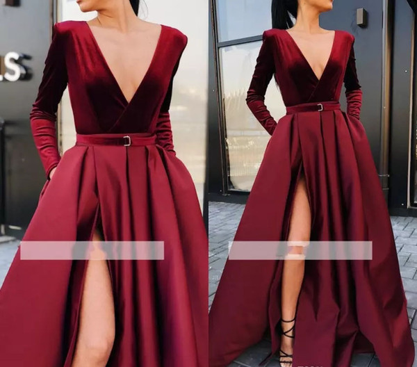 Burgundy Split Evening Dress Sexy A Line Deep V Neck Long Sleeves Holiday Wear Formal Party Gown Custom Made Plus Size