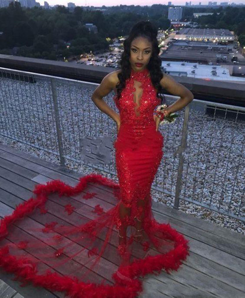 Red African 2K19 Mermaid Prom Dresses Feather Sequined Sexy Mermaid Evening Dress Count Train See Through Backless Cocktail Party Gowns