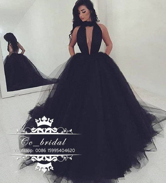 Sexy Halter Backless Black Prom Dresses 2017 New Long Formal Dress Evening Wear Puffy Tulle Women Cocktail Party Gowns Custom Made