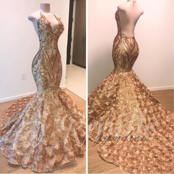 African Rose Gold Prom Dresses Mermaid Halter V Neck 3D Flowers Sleeveless Evening Dress Long Sweep Train Arabic dresses Party Gowns