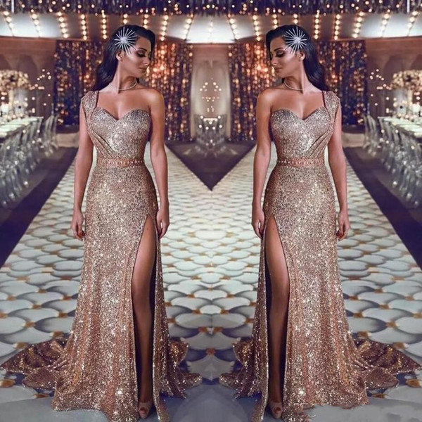 2019 Gold One Shoulder Sequin Mermaid Prom Dresses High Split Beaded Waistband Women Arabic Party Dresses Evening Wear BC0131