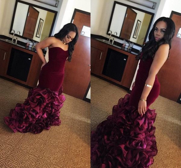 New Burgundy Long Mermaid Prom Dresses Rose Floral Flowers Tiered Sweetheart Velvet Plus Size Formal Party Gowns Evening Dress Vestios