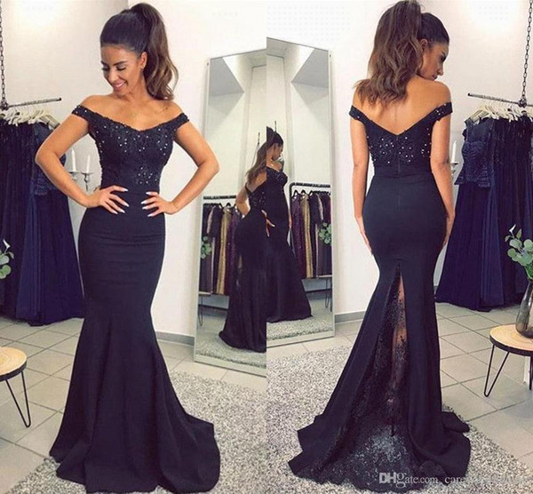 Navy Blue Mermaid Prom Dresses Off Shoulder Satin Sequined Beaded Lace Applique Sweep Train Zipper Back Long Evening Party Gowns