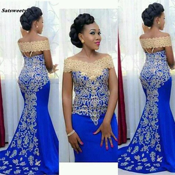 Elegant Evening Dresses Long Mermaid Off Shoulder with Gold Embroidery Floor Length African Women Blue Formal Prom Evening Gown