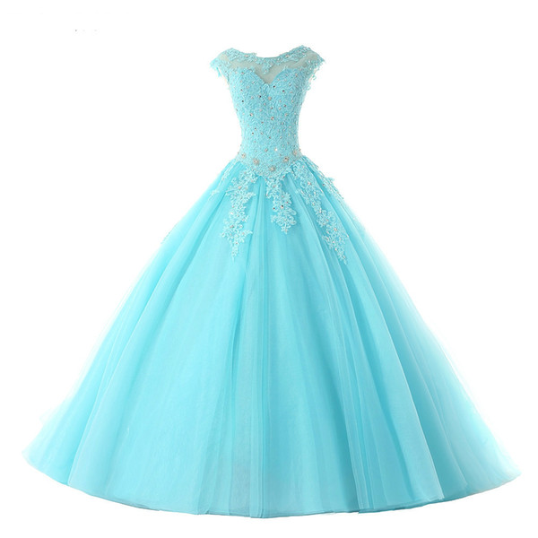 Hot Sale Ball Gown Quinceanera Dresses Long Blue Tulle Appliques Beaded Cap Sleeves Puffy Sweet 16 Dress Custom Made