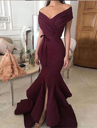 Elegant Burgundy Long Mermaid Prom Dresses Little Split Ruffles Evening Gowns V-neck Off The Shoulder Formal Party Dress