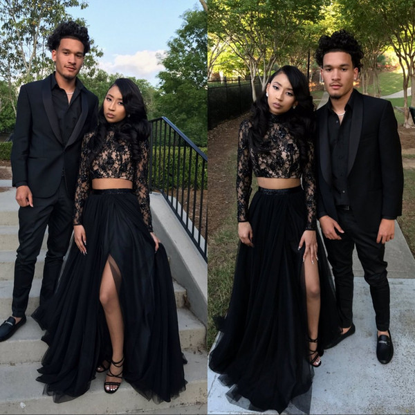 Black Lace Long Sleeves Two Piece Prom Dresses Mermaid High Neck Cheap Formal Party Gowns With High Slit African Prom Dress Custom Made