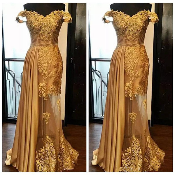 Golden Off The Shoulder Lace Mermaid Evening Dresses Lace Applique Beaded Satin Sweep Train Formal Party Prom Dresses