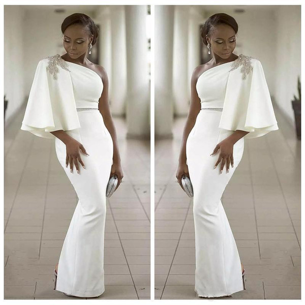 Evening Dresses Wear White One Shoulder Half Sleeves Mermaid Formal Beading African Dubai Women Long Sheath Prom Robe De Soiree Gown