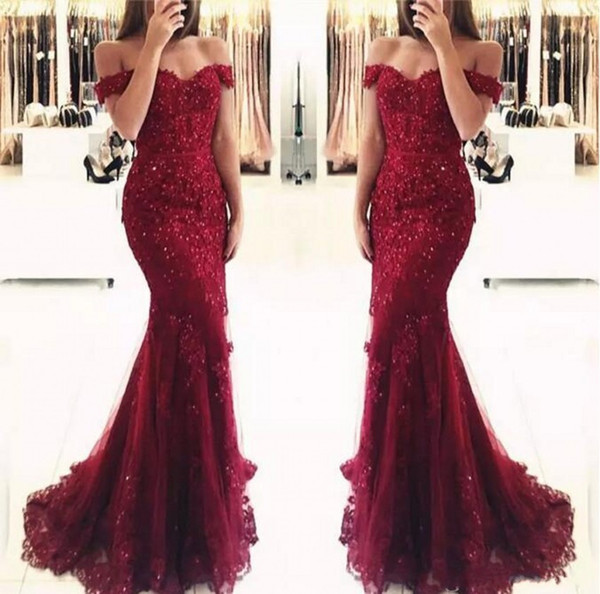 Junoesque Burgundy Lace Mermaid Prom Dresses Appliques Off the shoulder Beaded Sequins Long Prom Gowns Evening Dresses