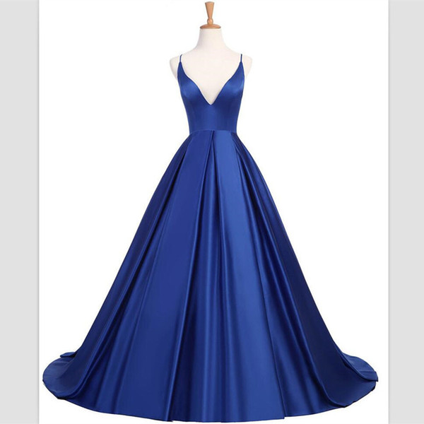 wangyandress Blue Satin A Line Evening Dresses Sexy Criss Cross Straps V Neck Long Prom Gowns Custom Sweep Train Party Gowns