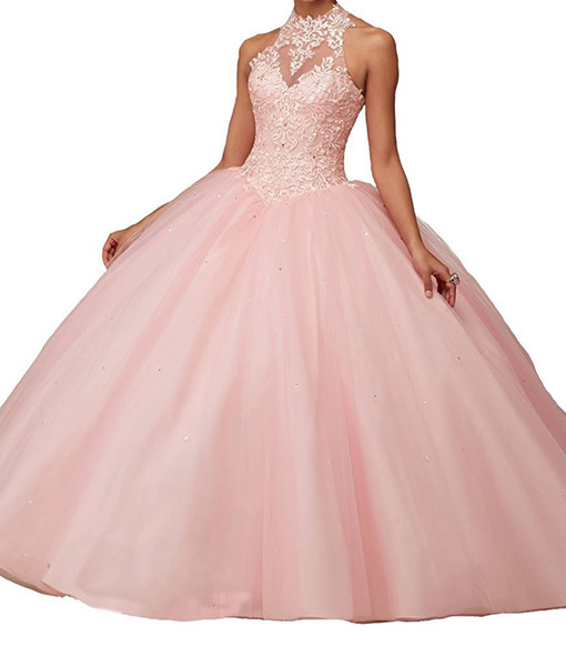 Custom New Ball Gown Halter Sleeveless Backless Long Prom Dress Formal Tulle Lace Quinceanera Dresses Red Pink Teal