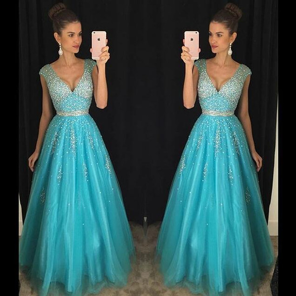 Blue Prom Dresses Crystal Beading Long Sexy Party Gowns With V Neck Zip Back Floor Length Tulle Formal New Girls Pageant Dress Ball Gow