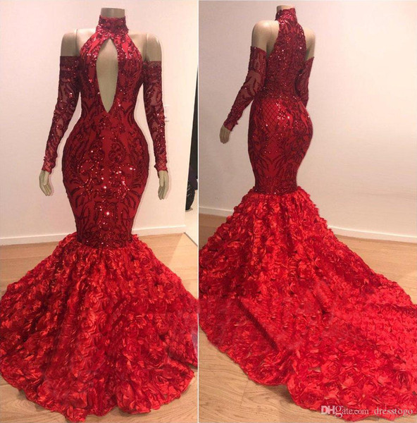 Red Mermaid Prom Dresses Long High Neck Long Sleeves Sparkling Lace Formal Dresses Keyhole Neck Evening Gowns DP0234