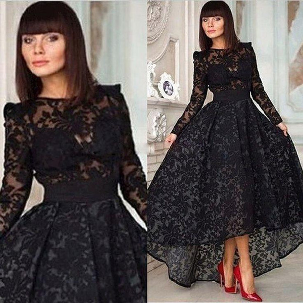 2015 Evening Gowns Black Lace A Line With Long Sleeve Hi-Lo Jewel Neckline Formal Evening Dresses arty Special Occasion