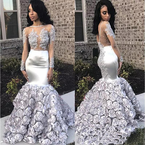 Gorgeous Rose Flowers Mermaid Prom Dresses Appliques Beads Sheer Long Sleeve Evening Gown Silver Stretchy Satin robes de soirée