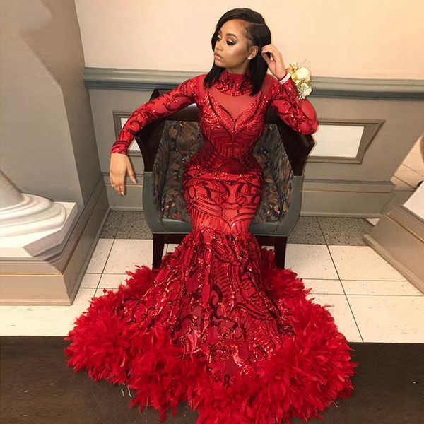 Long Sparkly Prom Dresses Sexy High Neck Long Sleeve Sequin African Black Girl Red Feather Prom Dress Party