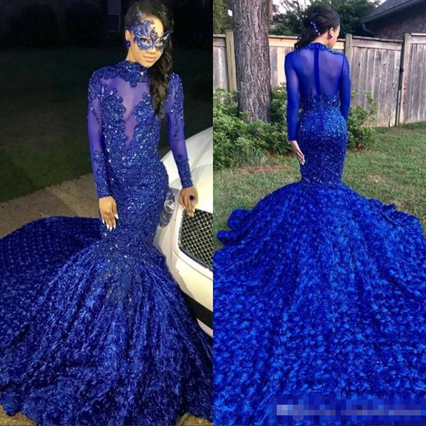 Luxury Long Tail Royal Blue Black Girls Mermaid Prom Dresses High Neck Long Sleeves Beaded Handmade Flowers Evening Party Gowns BC0749