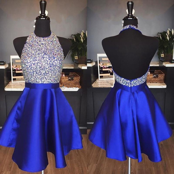 Real Photos Royal Blue Satin A Line Homecoming Dresses with Silver Sequins Backless Short Prom Party Gowns