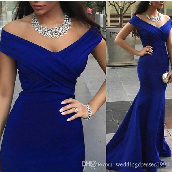 Charming Royal Blue Evening Prom Gowns Backless Formal Party Dresses Occasion Mermaid Off Shoulder Capped Celebrity Arabic Dubai