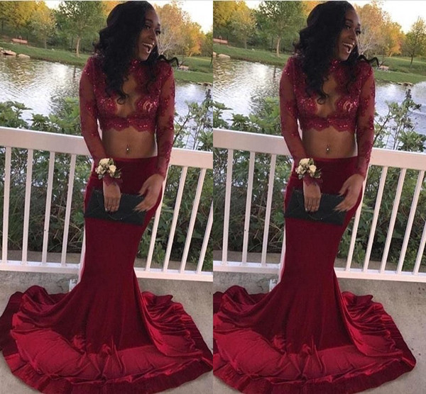 Sexy Burgundy Mermaid Prom Evening Dress Long Illusion Sleeves High Neck Sequins Lace For Black Girls With Train Cheap Formal Gowns