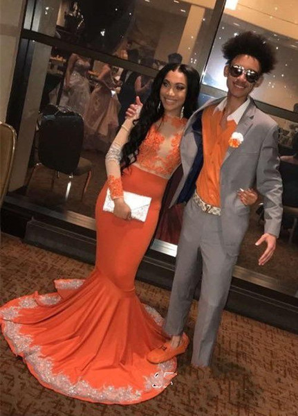 Newest Orange Prom Dresses Long Sleeve Lace Applique Mermaid Evening Dress For Women's Party Gown With Sweep Train