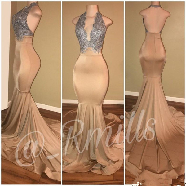 Silver Gold Champagne Prom Dresses Mermaid Sexy Backless Halter Neck Formal African Black Girls Evening Dress Pageant Gowns