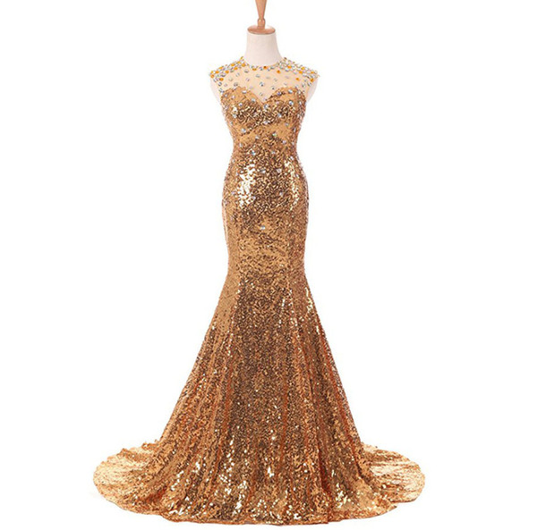 Gold Sequin Mermaid Prom Dresses Sexy Back See Through Long Sweep Train Evening Dress Party For Women Customized