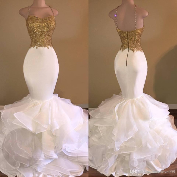 Unique Mermaid Gold And White Prom Dresses Long Applique Ruffles Backless Evening Party Gowns Robe De Soiree Party Dresses