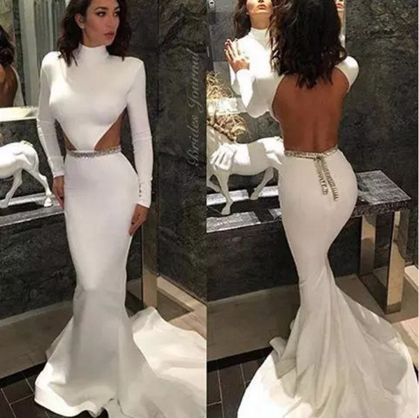 White Long Sleeve Mermaid Prom Dresses High Neck Hollow Waist Backless Evening Gowns Formal Party Dresses Vestidos