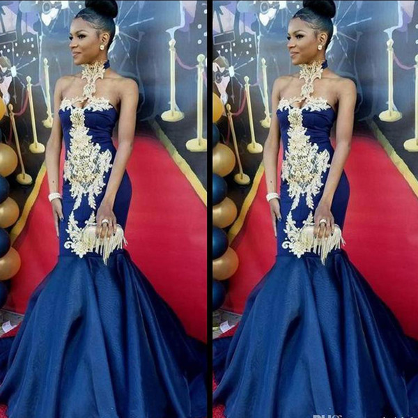 Gorgeous Royal Blue Long Mermaid Evening Dresses Long Halter Lace Appliques African Prom Party Gowns Red Carpet Dress