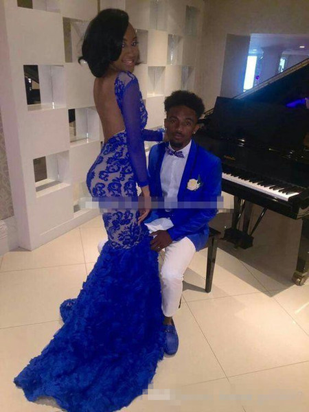 Royal Blue Lace Prom Evening Dresses For Black Girl Mermaid Bateau Illusion Long Sleeves Vestidos de Fiesta Formal Evening Gowns Arabic