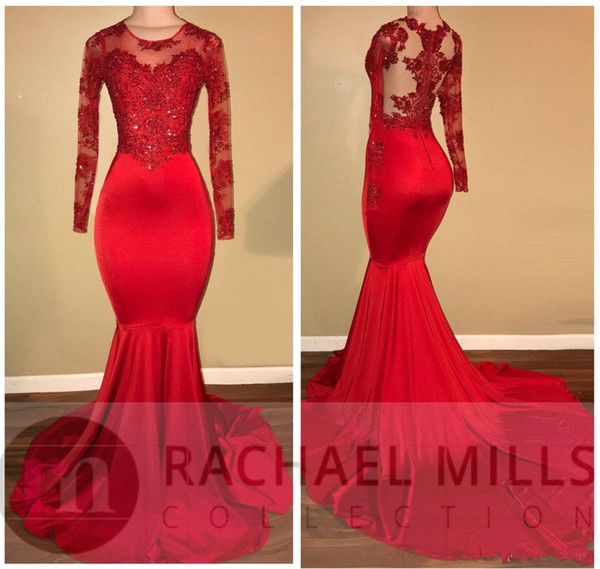 2K17 Sheer Long Sleeves Red Prom Dresses Sexy Mermaid Appliqued African Black Girls Evening Gowns Red Carpet Dress