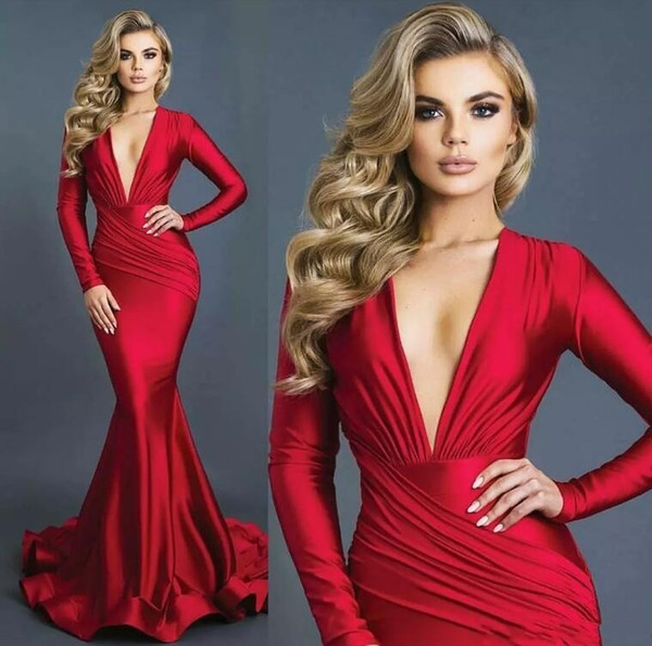 New Arrival Red Mermaid Formal Evening Dresses Sexy Plunging V Neck Long Sleeves Satin Ruched Prom Gowns robe de soiree