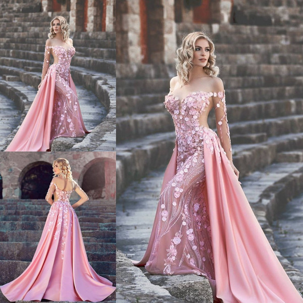 2017 Blush Overskirt Dresses Evening Wear Mermaid Off The Shoulder Formal Dress With Sleeves 3D Applique Tulle Beaded Long Prom Gowns